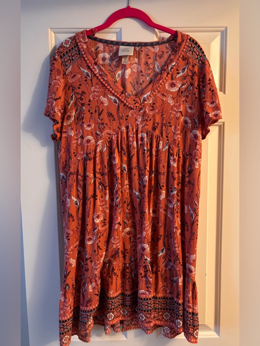 Knox Rose Rust Floral V-Neck Dress with Pink Accents
